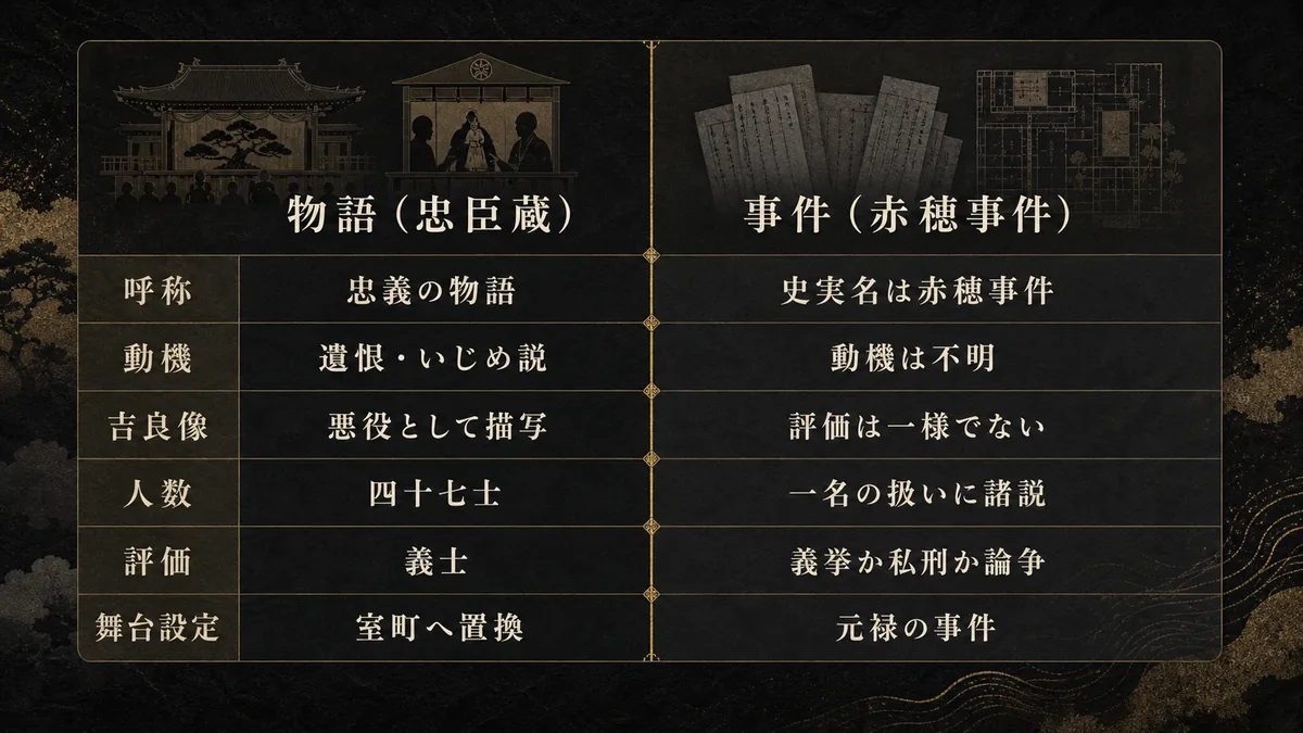 忠臣蔵という物語と赤穂事件という史実を、呼称・動機・吉良像・人数・評価で比較した図