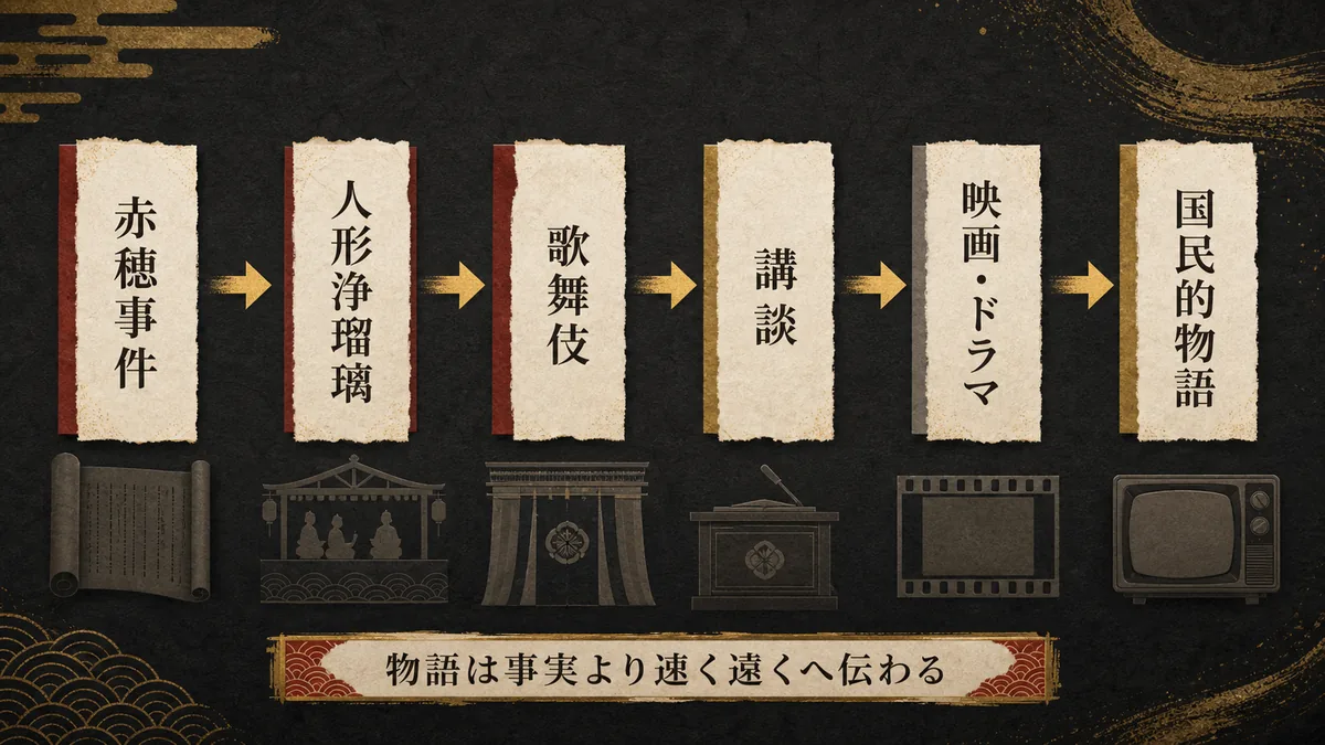赤穂事件が人形浄瑠璃、歌舞伎、講談、映画やドラマを通じて国民的物語へ広がる経路図