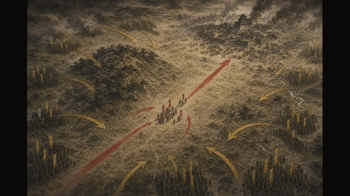 大坂夏の陣最終局面の野戦と包囲圧力を抽象化した概念図