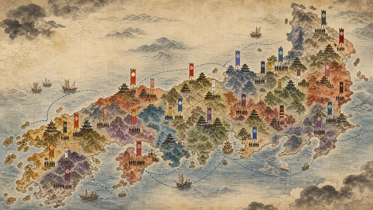 日本列島に複数の勢力が割拠する戦国時代の概念図