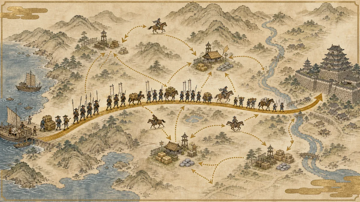 備中高松方面から姫路を経て山崎へ向かう中国大返しを、補給拠点と伝令で表した概念図