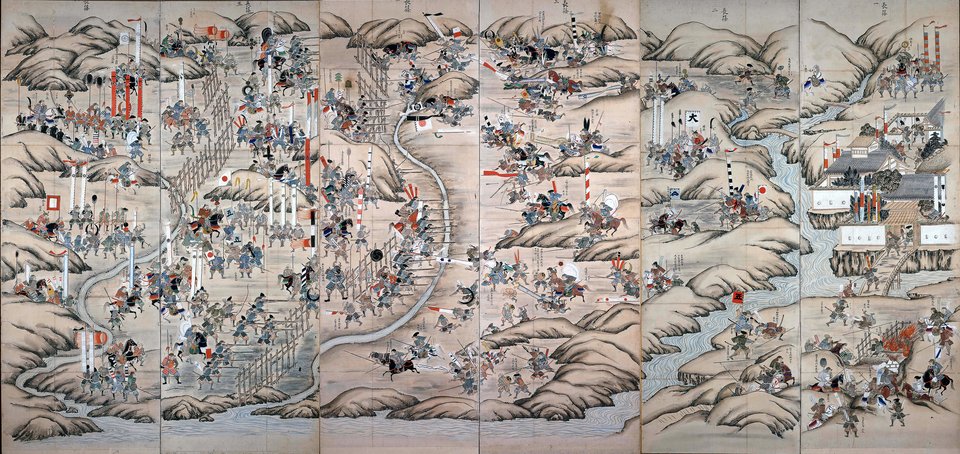 長篠合戦図屏風に描かれた設楽原の戦い