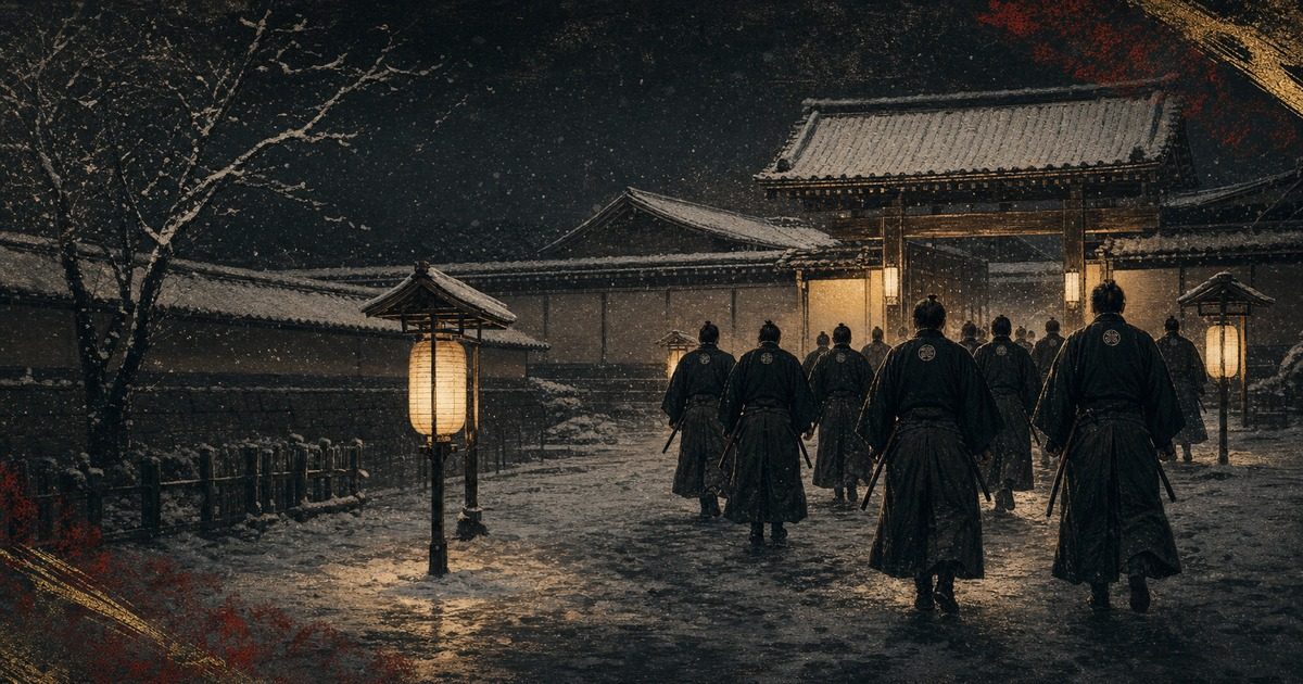 雪の江戸の夜、屋敷へ向かう浪士の後ろ姿を描いた忠臣蔵のイメージ