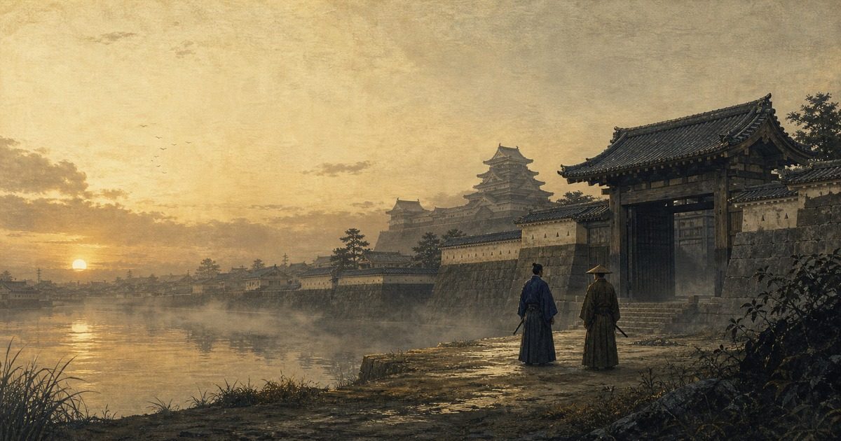 夜明けの江戸城外郭と堀を前に、二人の幕末期の交渉者が立つ歴史イメージ