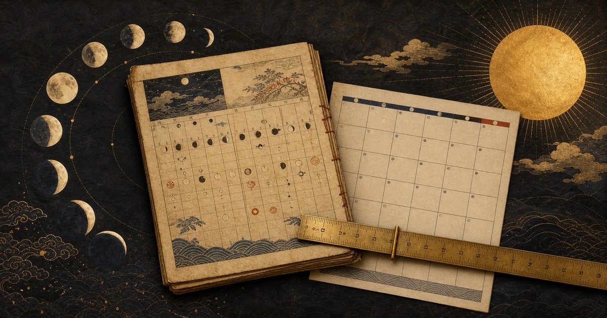 月の満ち欠け、太陽、二種類の暦、物差しを並べた旧暦と新暦の概念図