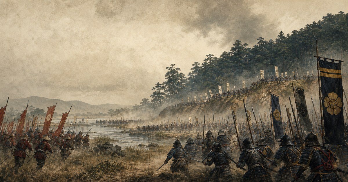 山崎の戦いをイメージした川沿いの低地と丘陵、戦国武者の軍勢