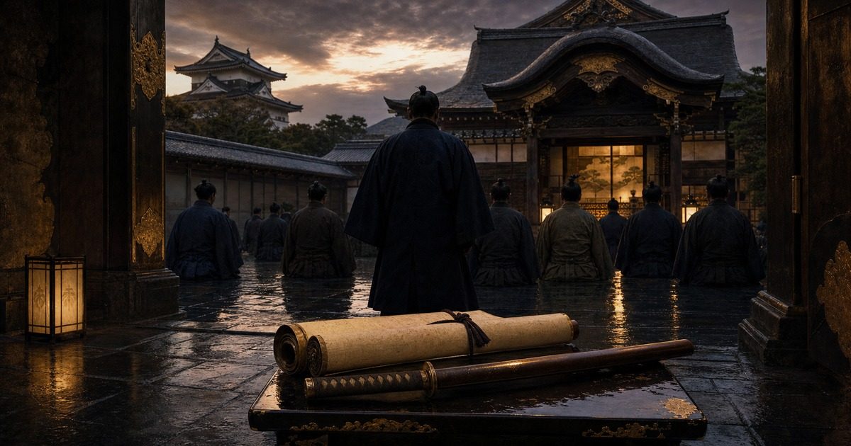 二条城を思わせる夕暮れの城郭と、政権返上を象徴する巻物と刀を描いた徳川慶喜記事のイメージ